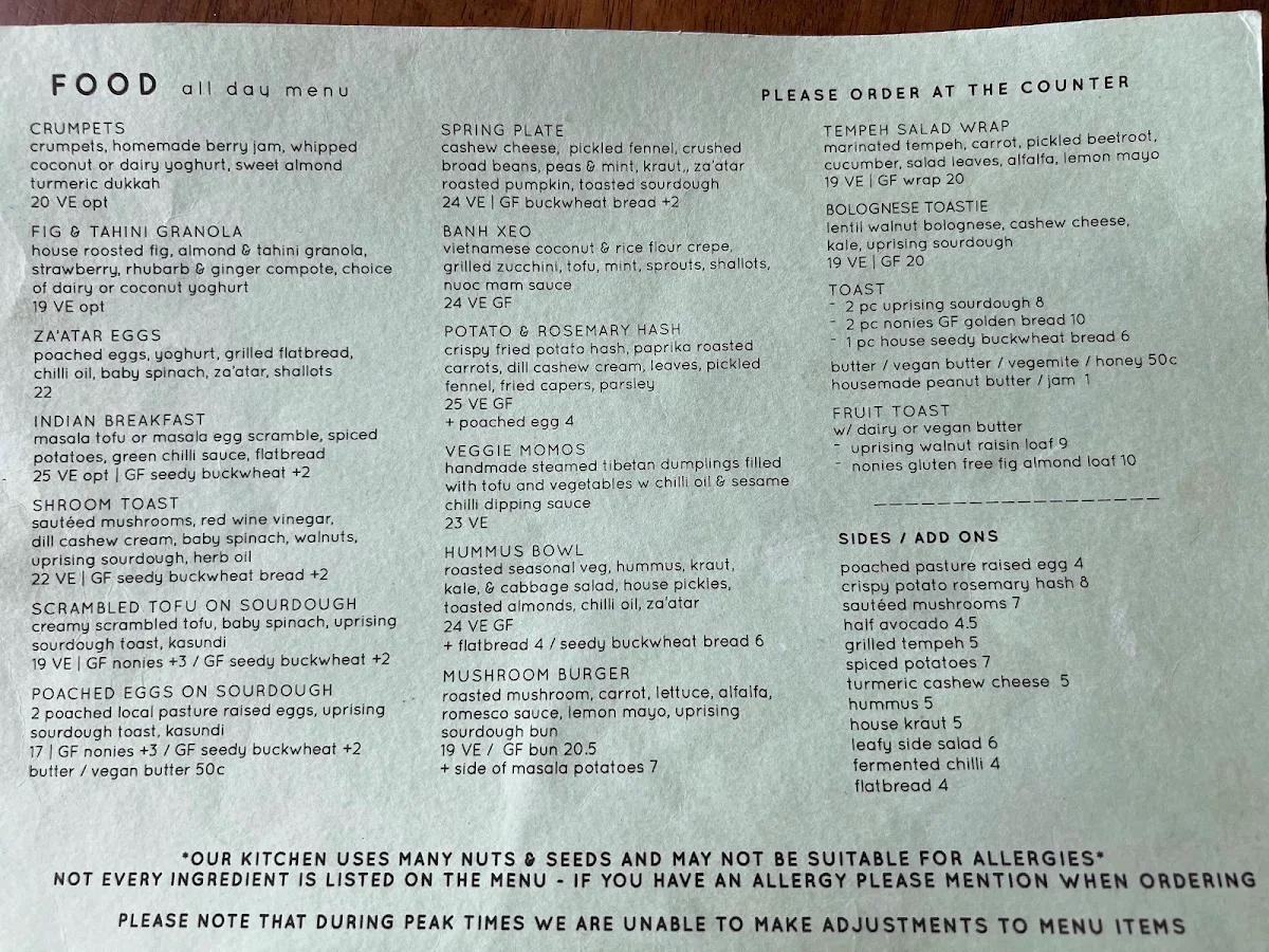 Menu, Momo Wholefood