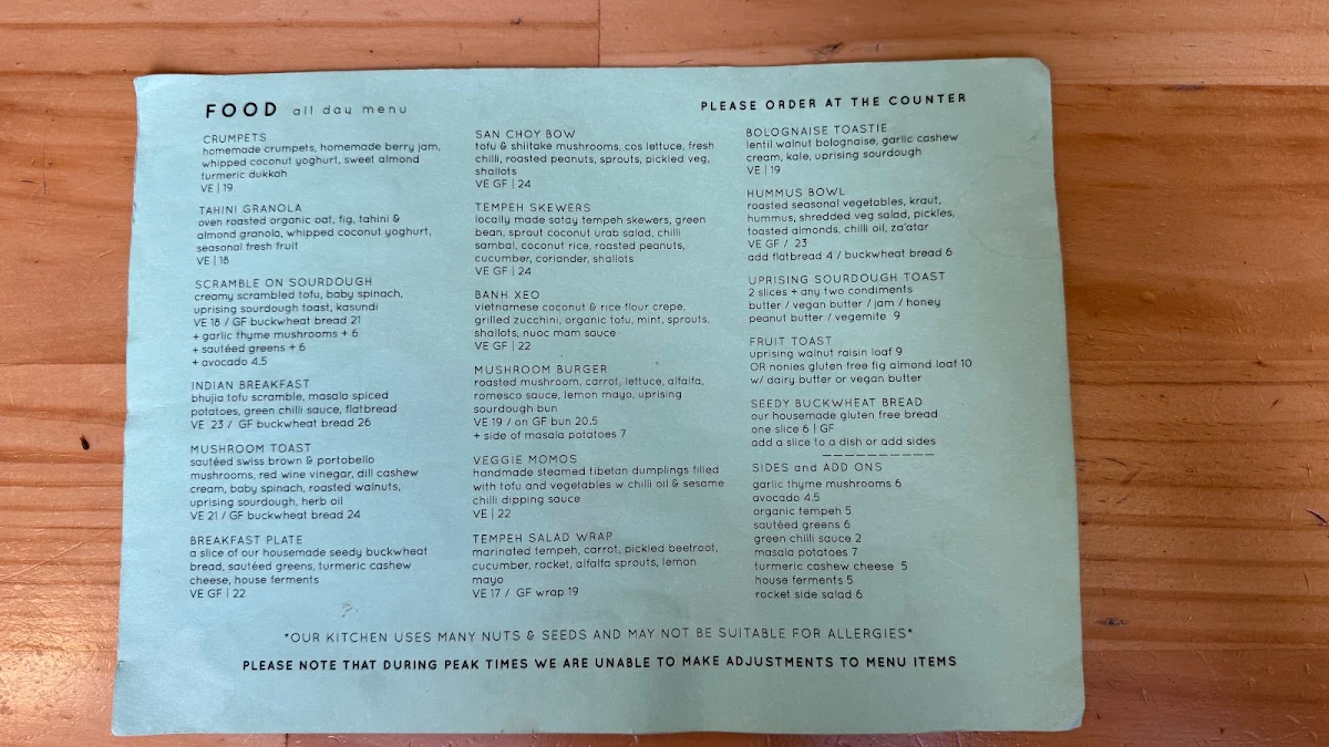 Menu, Momo Wholefood