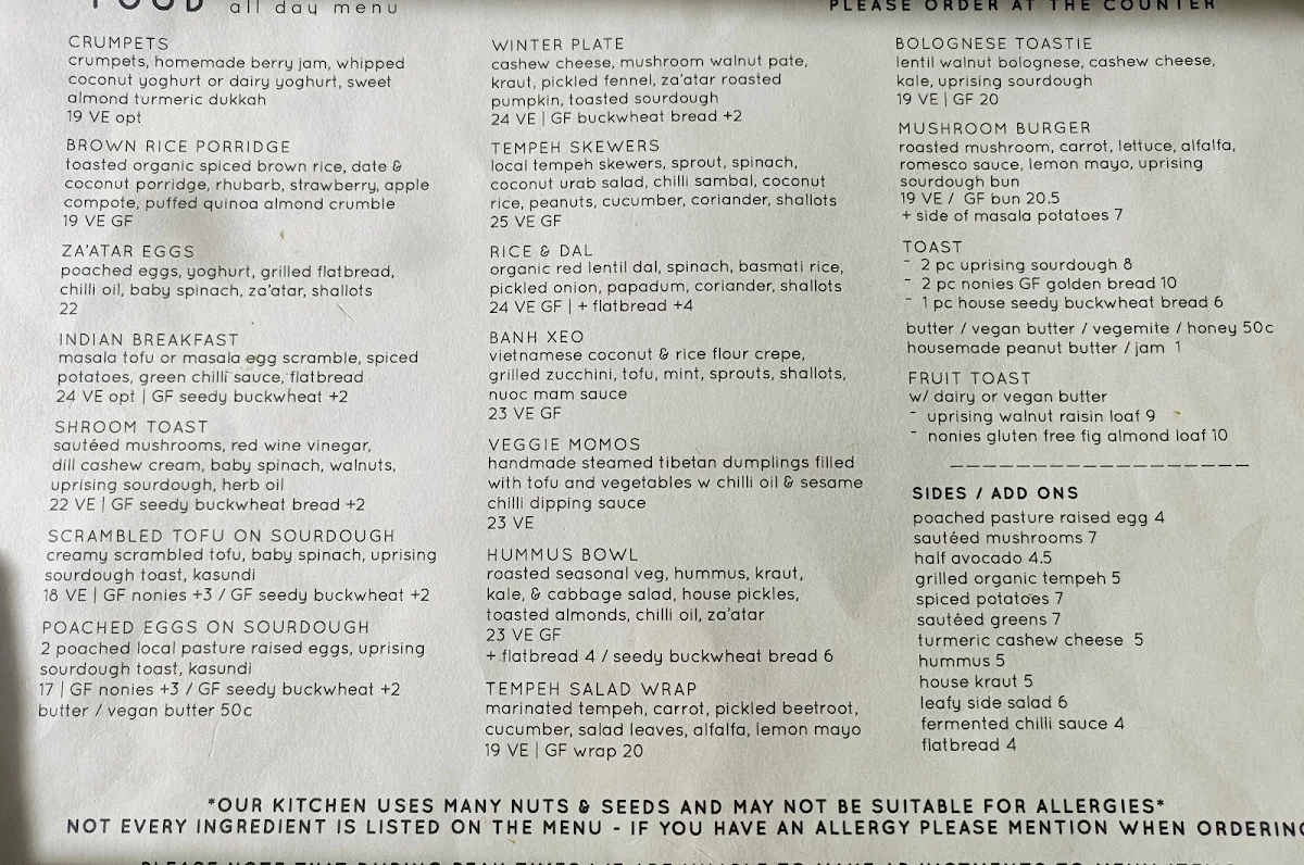Menu, Momo Wholefood