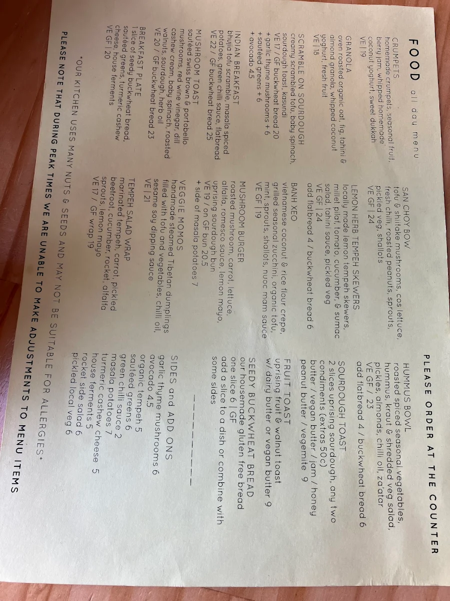 Menu, Momo Wholefood