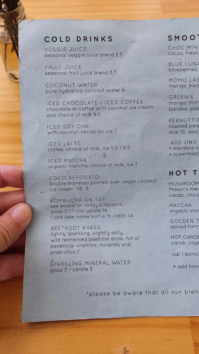 Menu, Momo Wholefood
