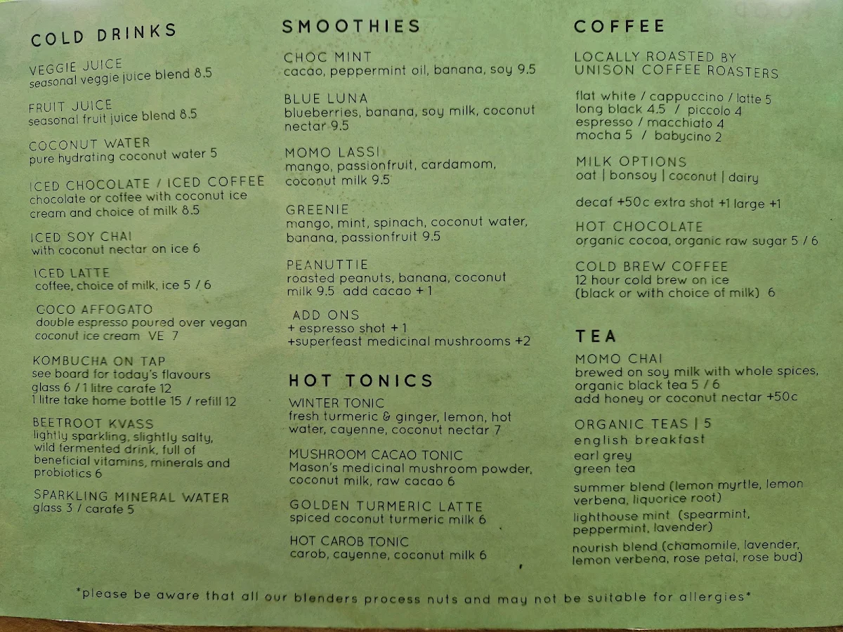 Menu, Momo Wholefood