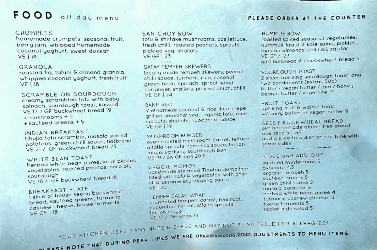 Menu, Momo Wholefood