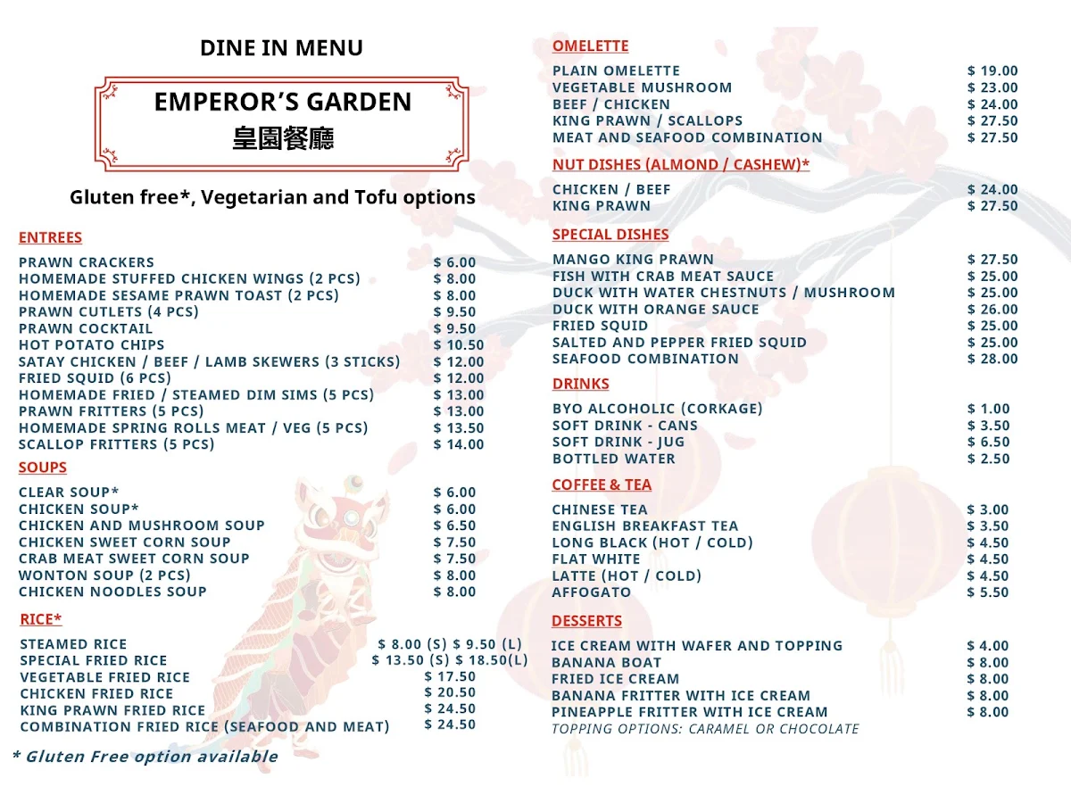Menu, Emperor's Garden Chinese Restaurant