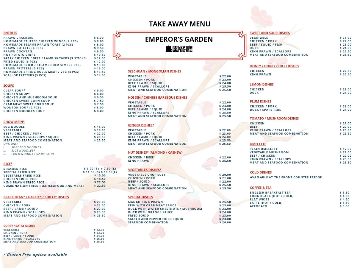 Menu, Emperor's Garden Chinese Restaurant
