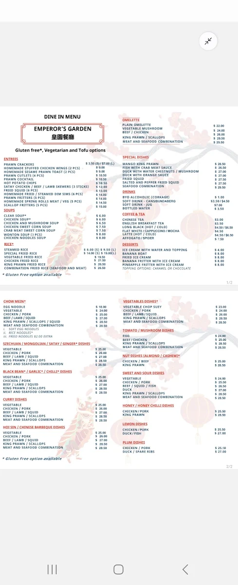 Menu, Emperor's Garden Chinese Restaurant