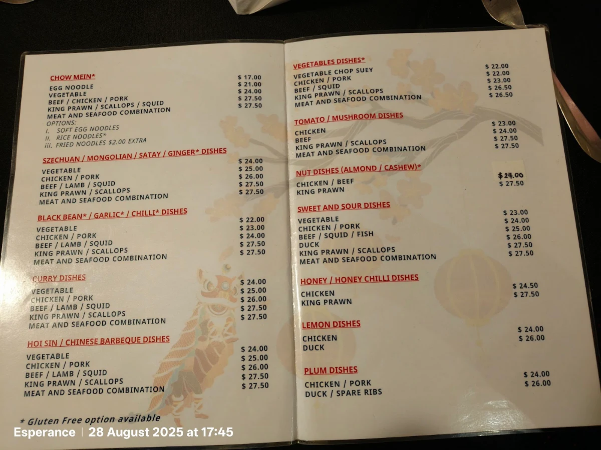 Menu, Emperor's Garden Chinese Restaurant