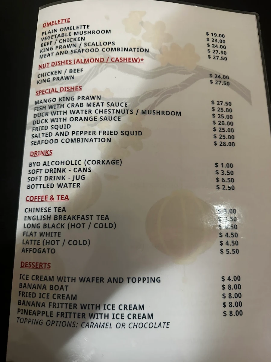 Menu, Emperor's Garden Chinese Restaurant
