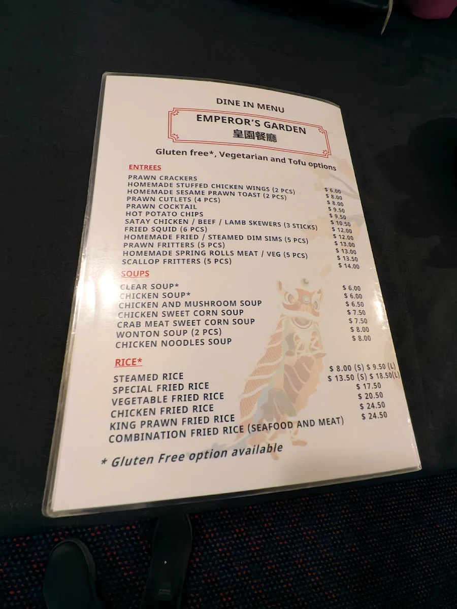 Menu, Emperor's Garden Chinese Restaurant