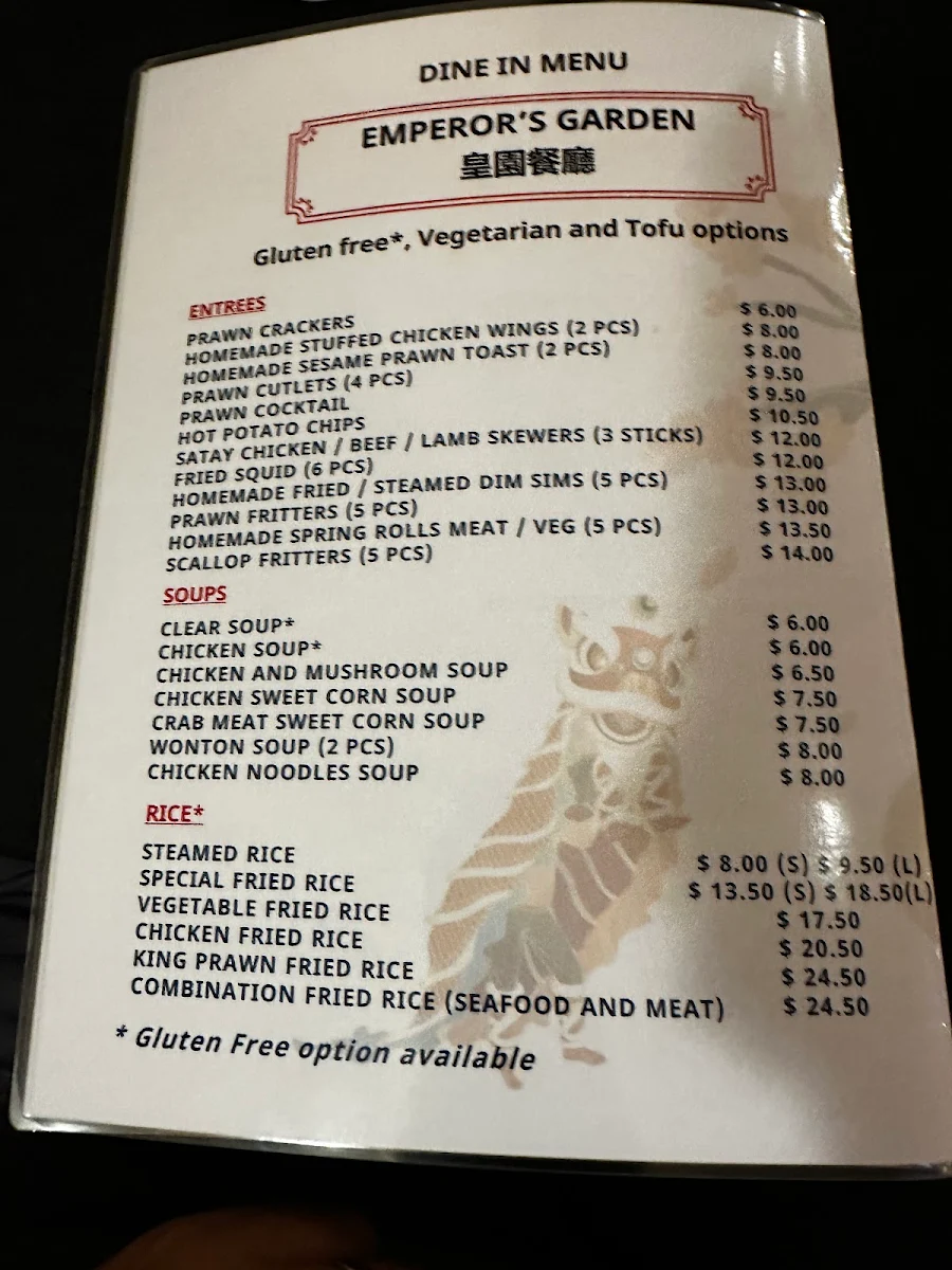 Menu, Emperor's Garden Chinese Restaurant