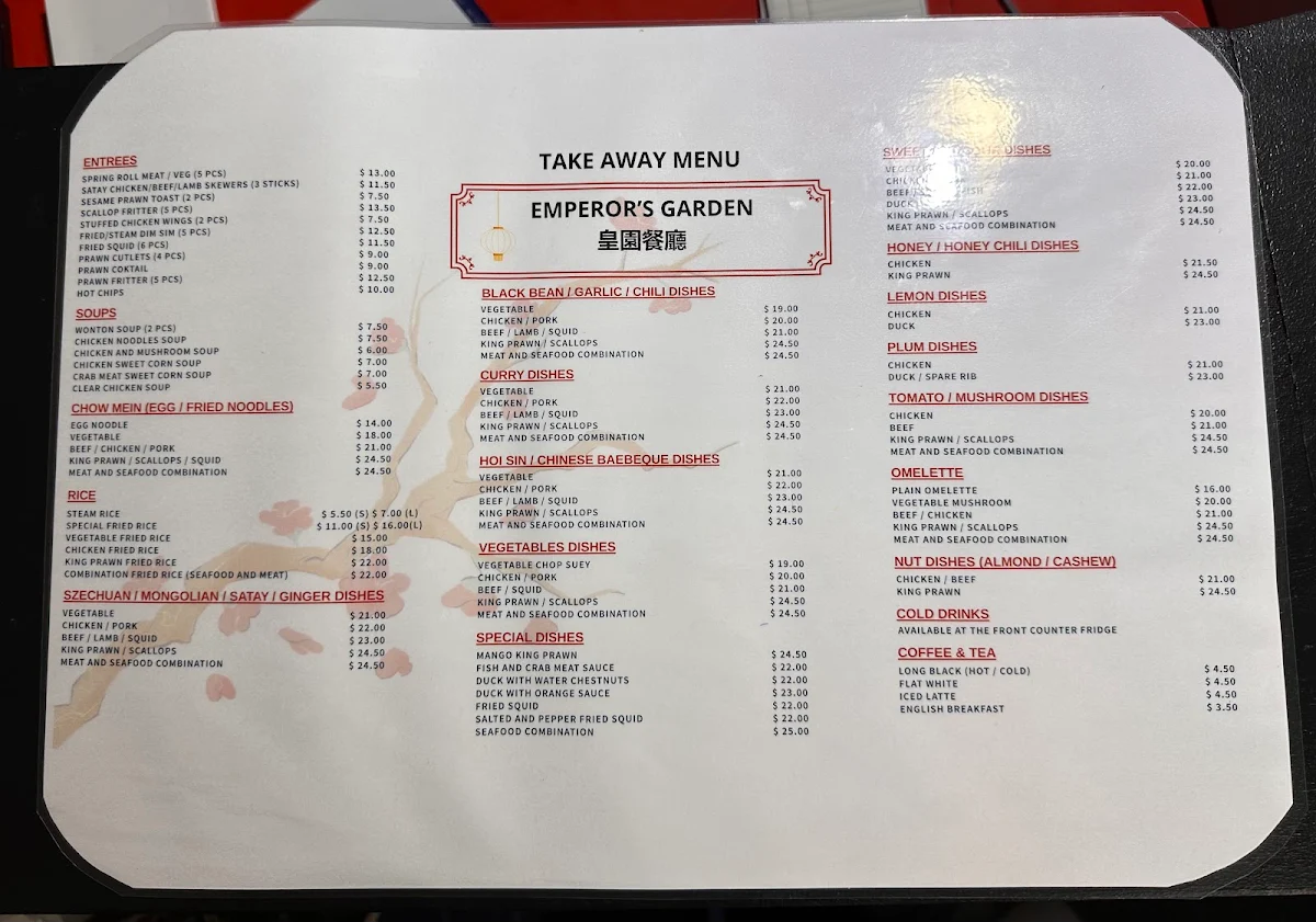 Menu, Emperor's Garden Chinese Restaurant