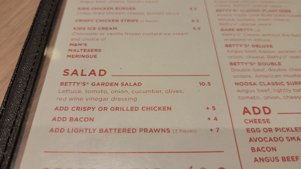 Menu, Betty's Burgers