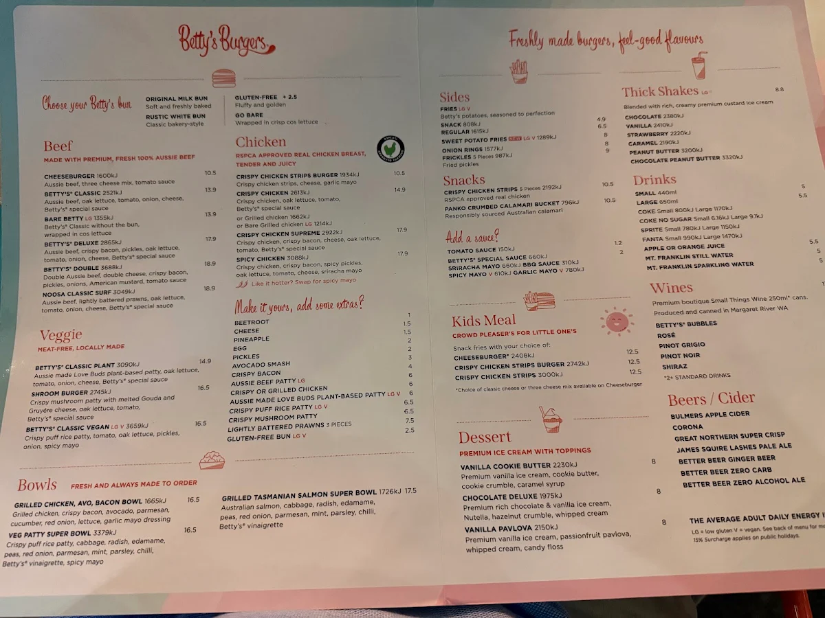 Menu, Betty's Burgers