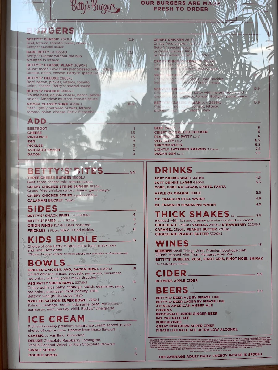 Menu, Betty's Burgers