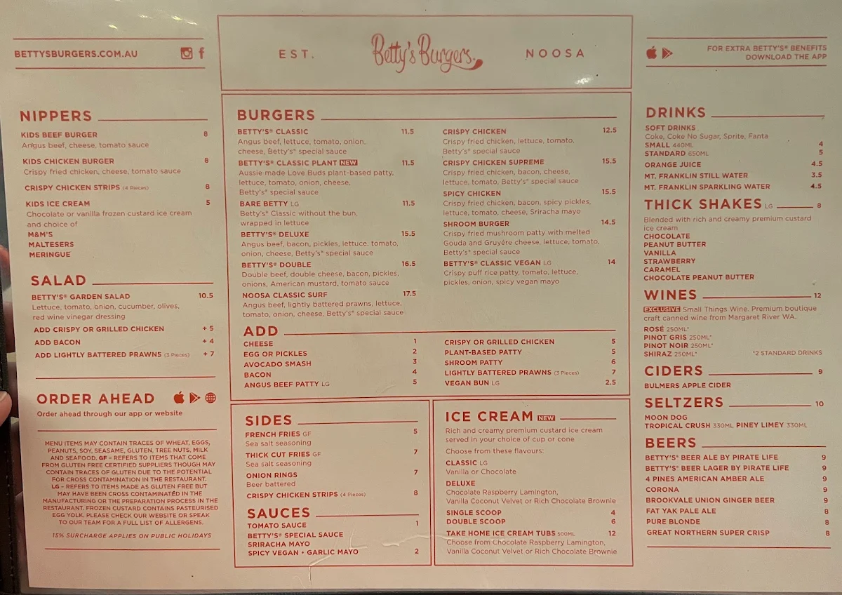 Menu, Betty's Burgers