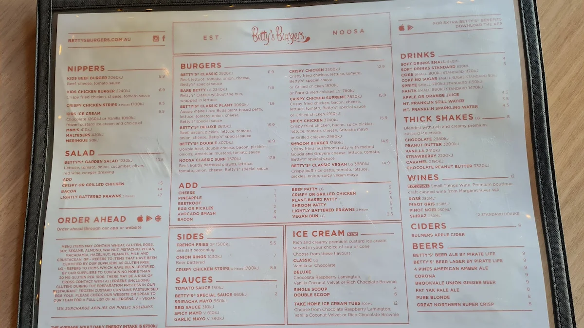 Menu, Betty's Burgers