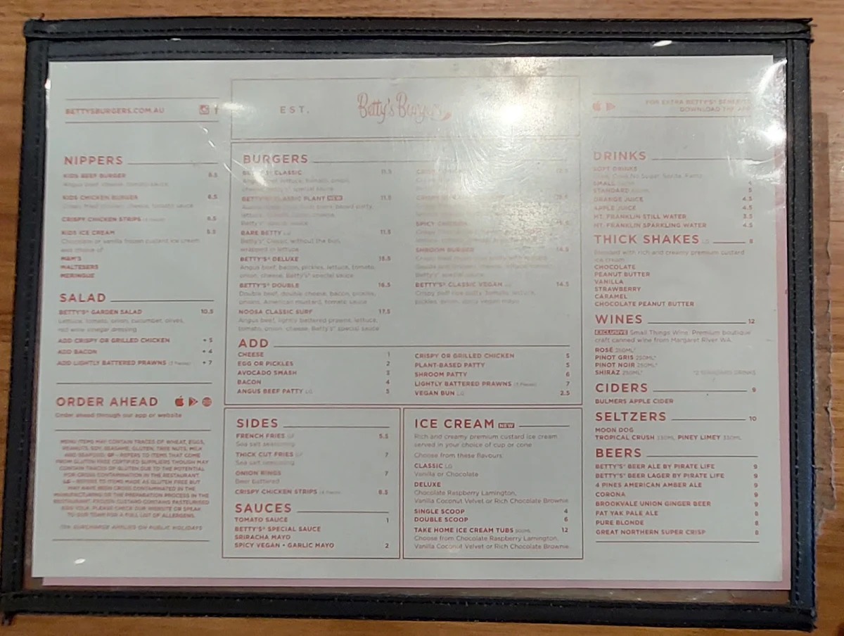 Menu, Betty's Burgers