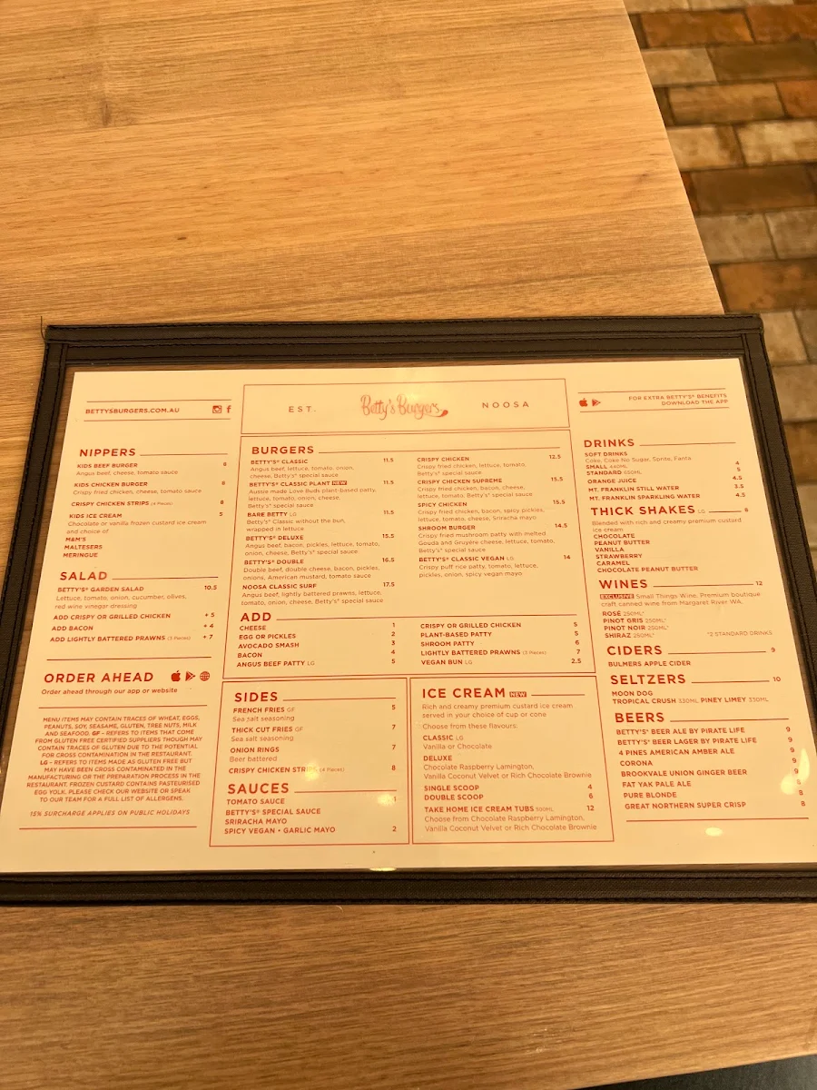 Menu, Betty's Burgers