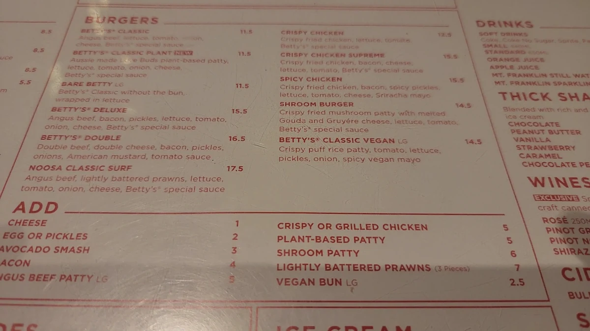 Menu, Betty's Burgers