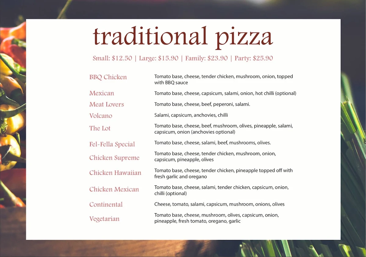 Menu, Fel-Fella Pizza