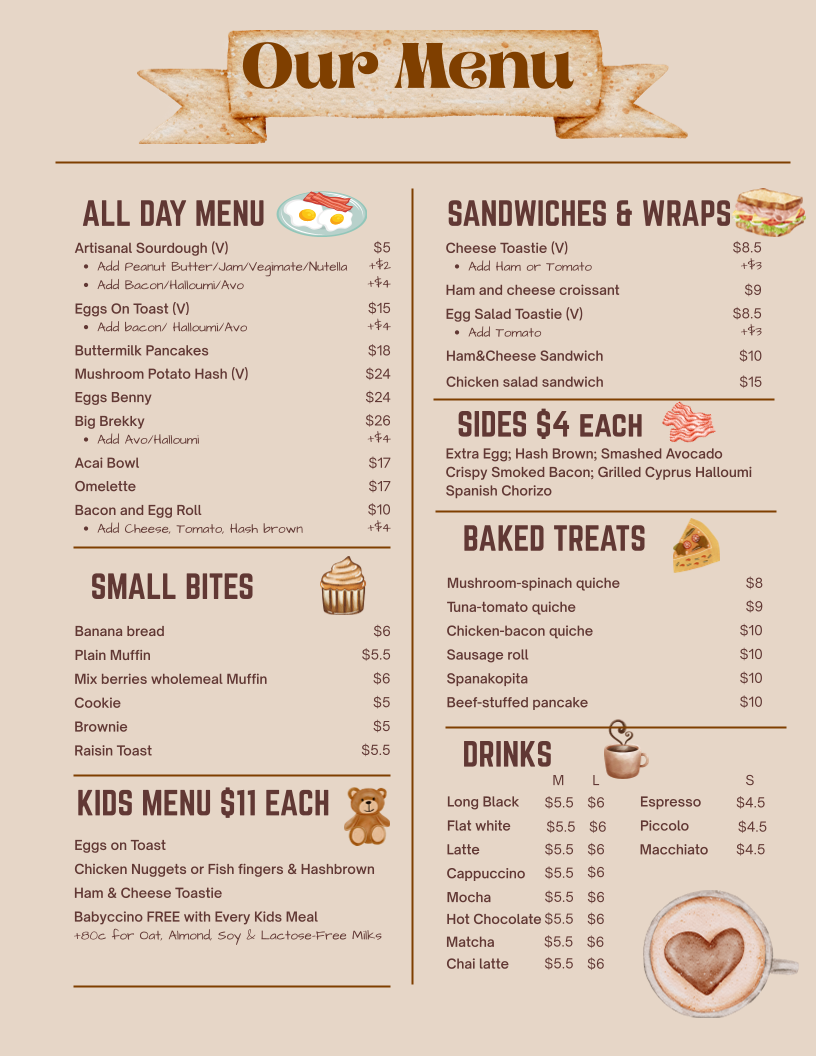 Menu, Hungry Squirrel Cafe