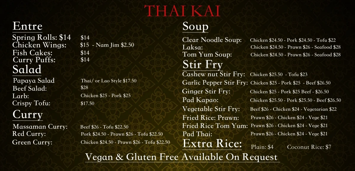 Menu, Thai Kai Cafe