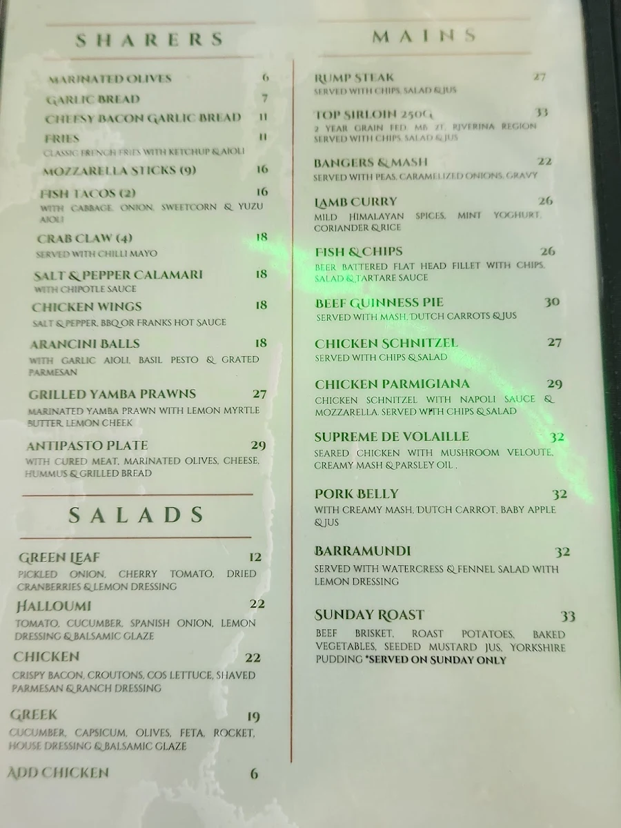 Menu, East Sydney Hotel
