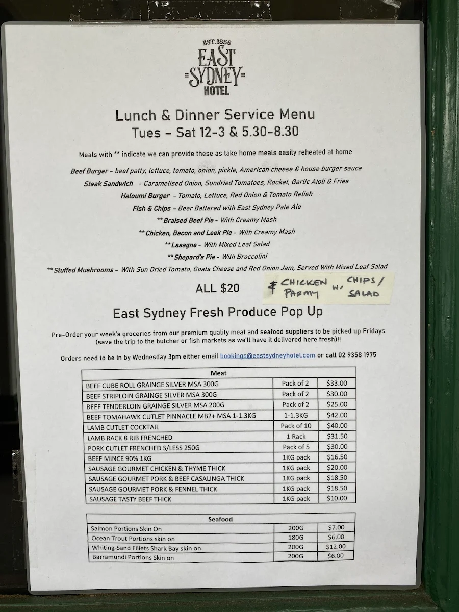 Menu, East Sydney Hotel