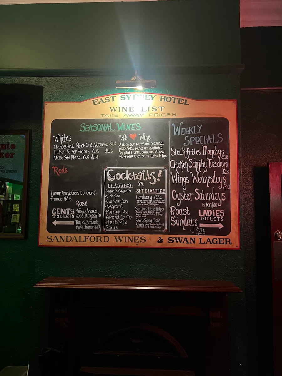 Menu, East Sydney Hotel