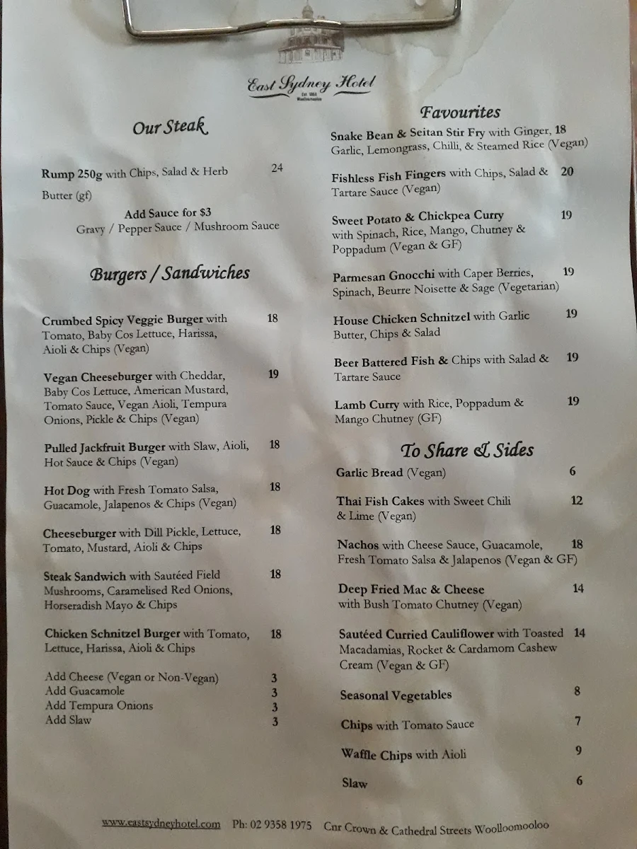 Menu, East Sydney Hotel