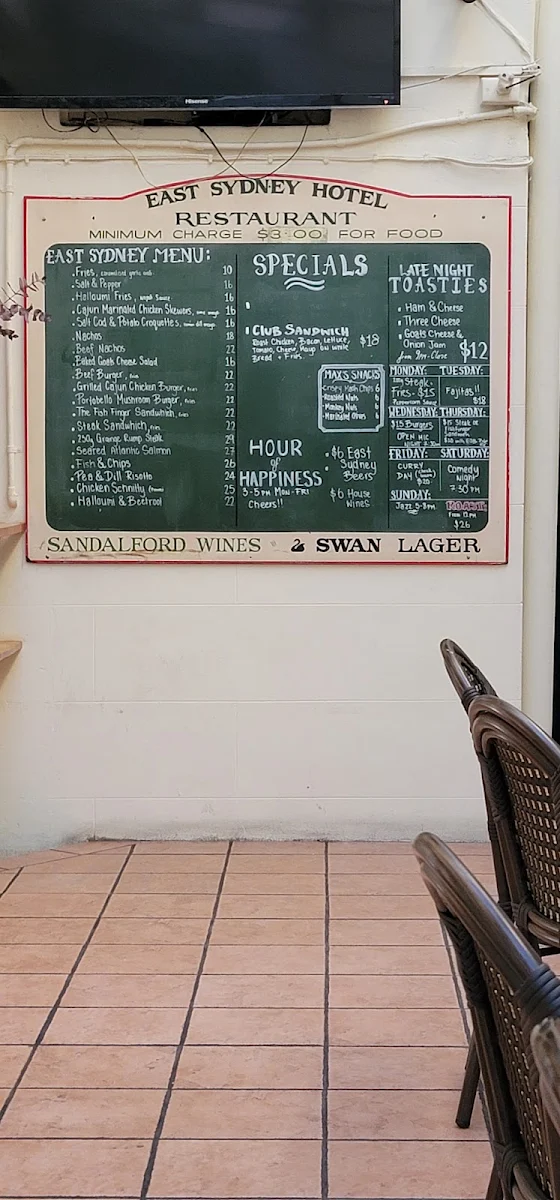 Menu, East Sydney Hotel