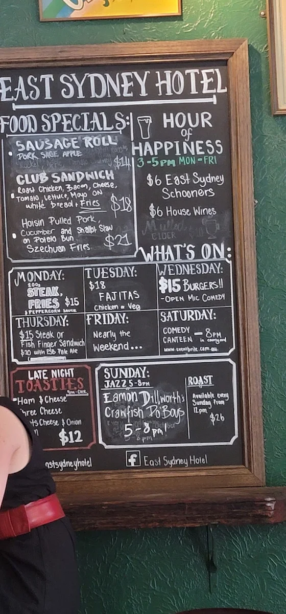 Menu, East Sydney Hotel