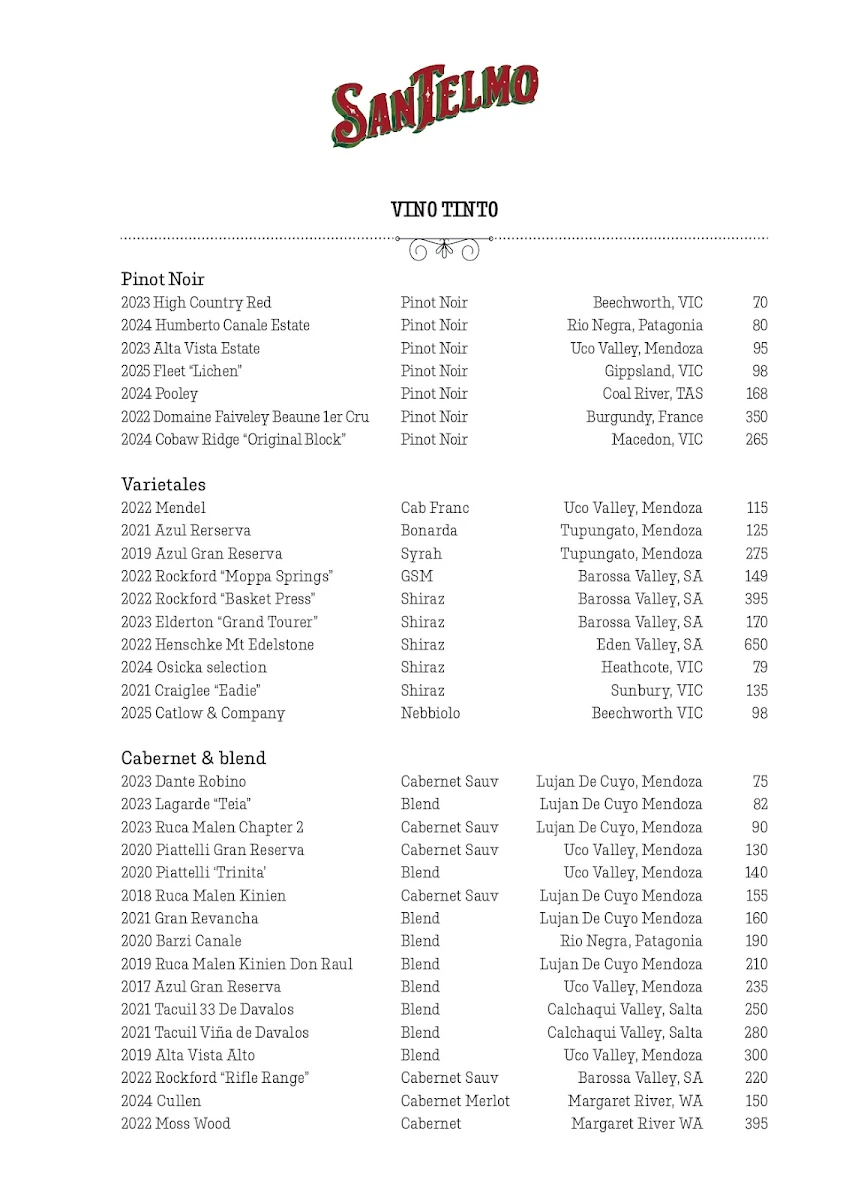 Menu, San Telmo Brisbane