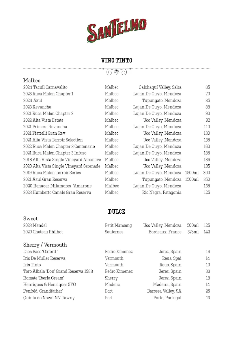 Menu, San Telmo Brisbane