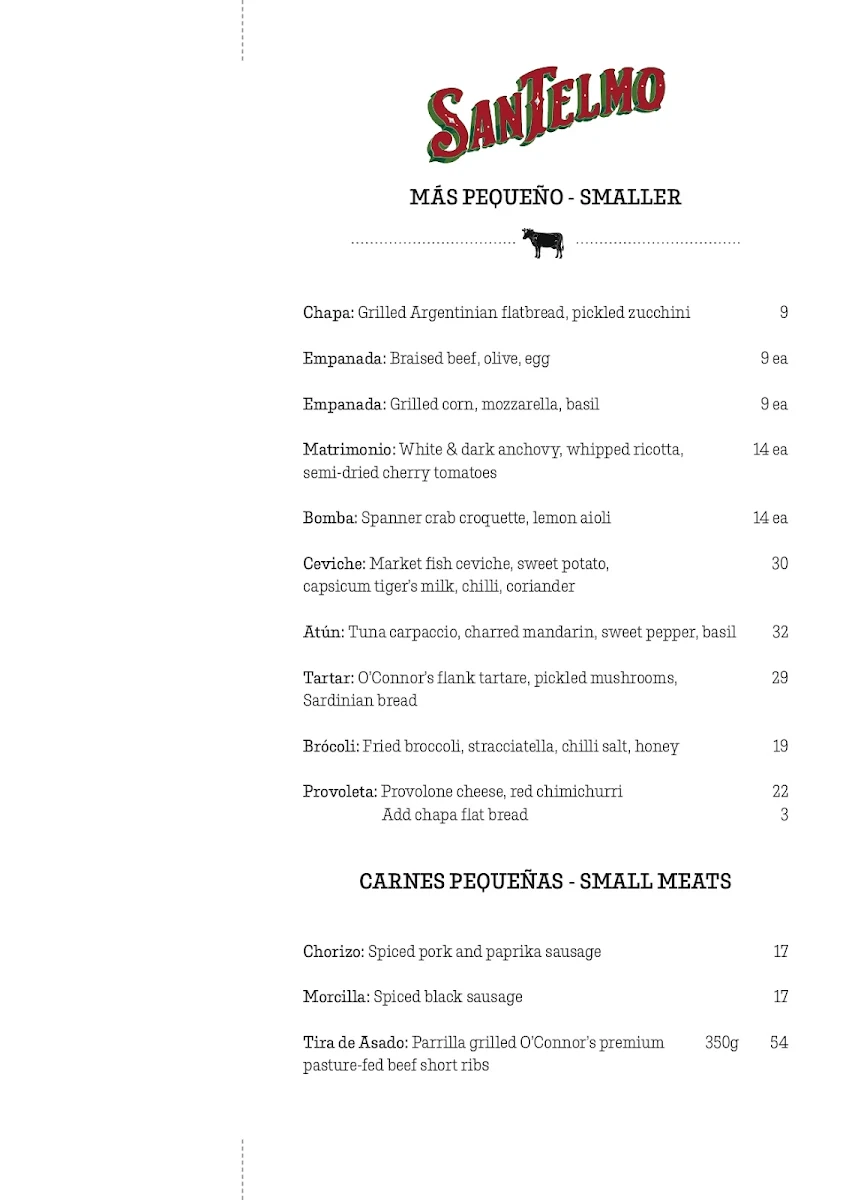 Menu, San Telmo Brisbane