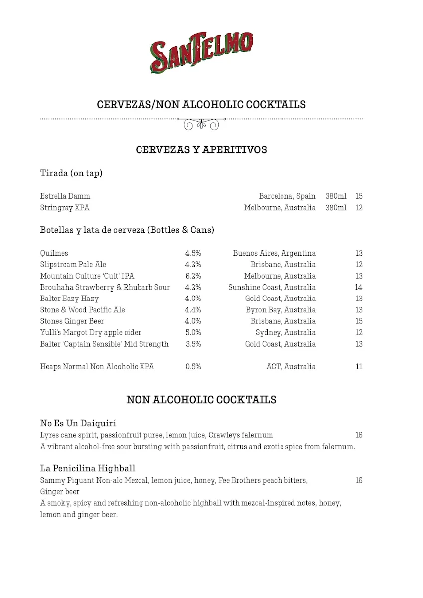Menu, San Telmo Brisbane