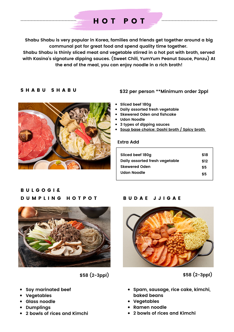 Menu, Kasina Korean Eatery