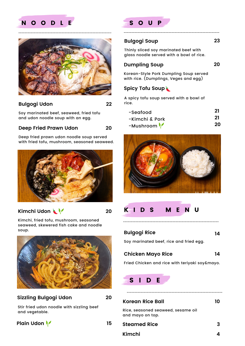 Menu, Kasina Korean Eatery