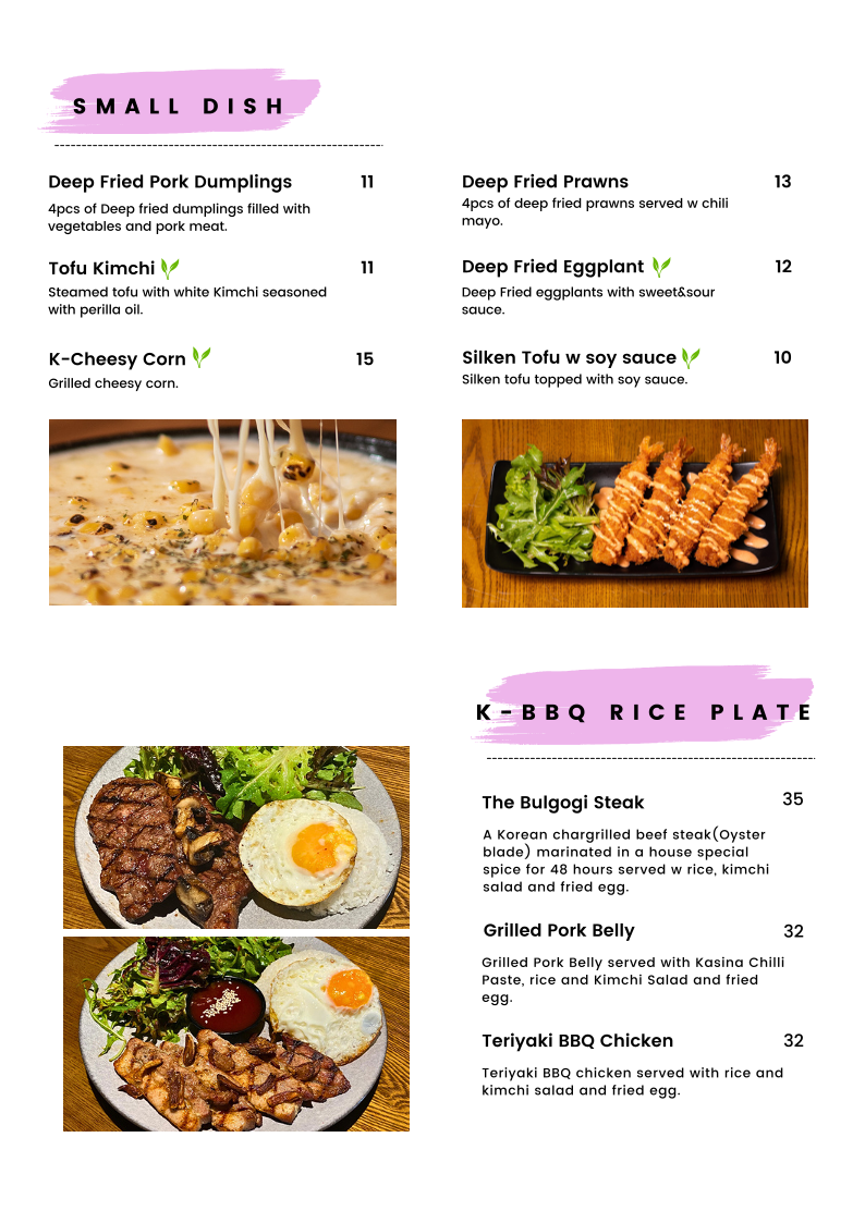 Menu, Kasina Korean Eatery