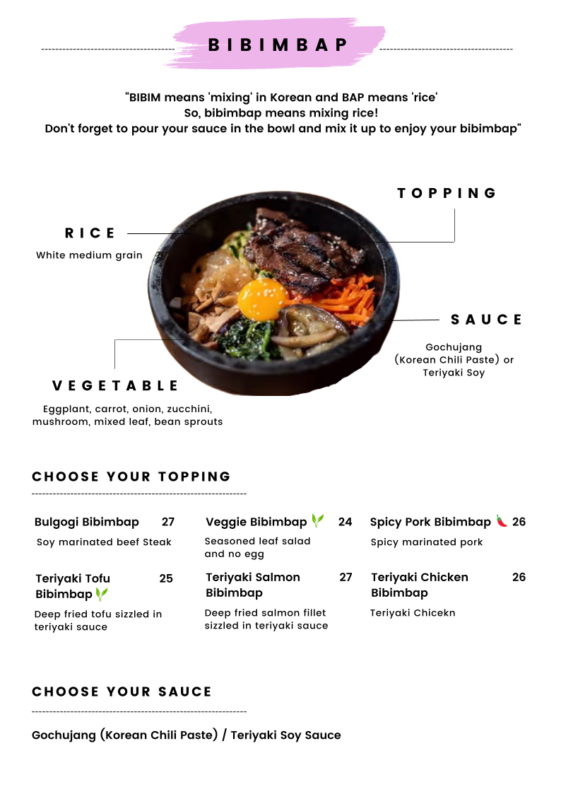 Menu, Kasina Korean Eatery