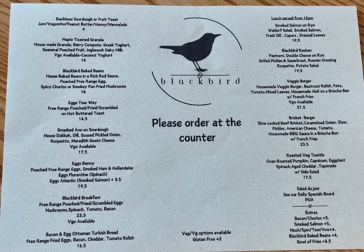 Menu, blackbird