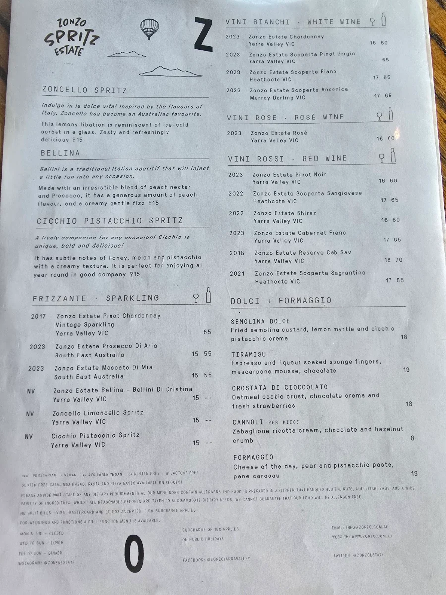 Menu, Zonzo Estate Yarra Valley