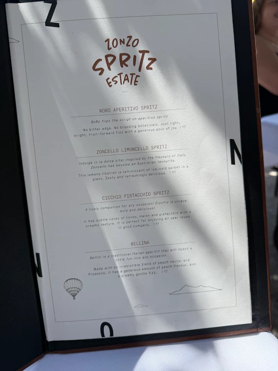 Menu, Zonzo Estate Yarra Valley