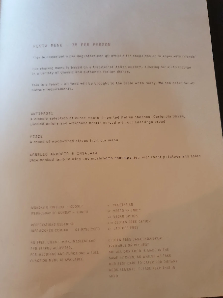 Menu, Zonzo Estate Yarra Valley