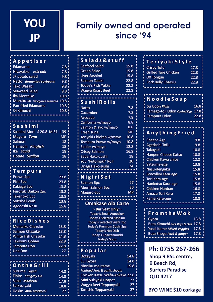 Menu, You Japanese Restaurant