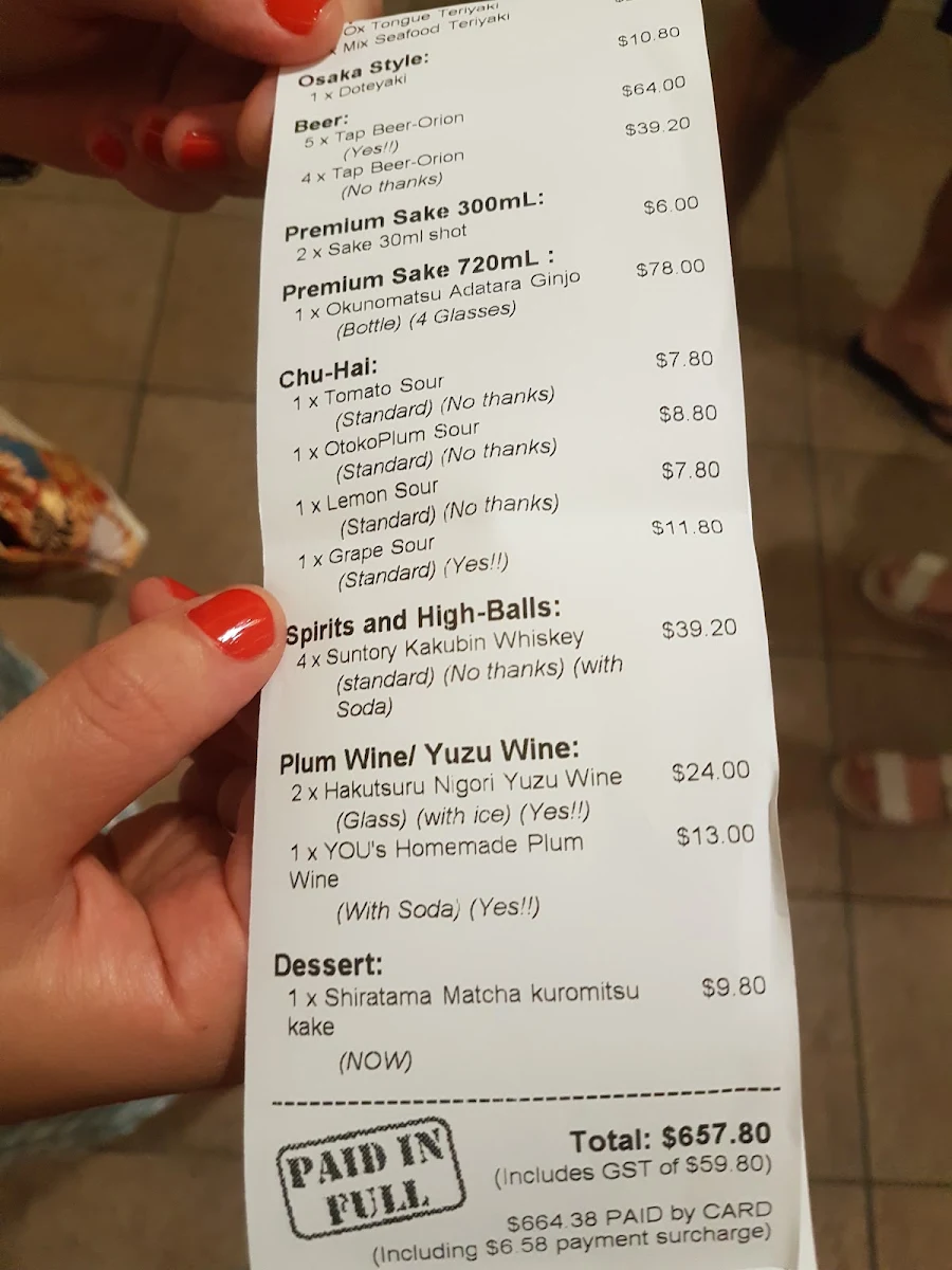 Menu, You Japanese Restaurant
