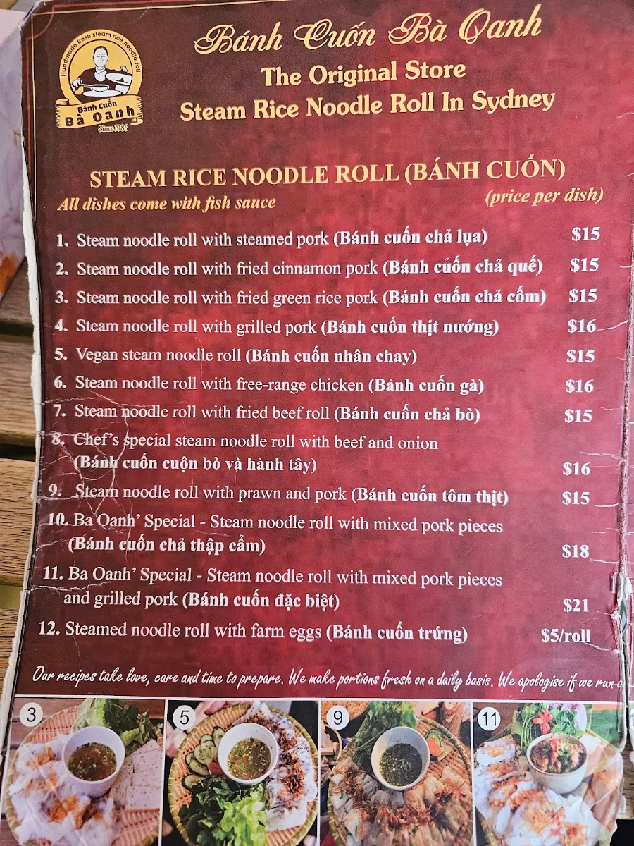 Menu, Banh Cuon Ba Oanh The Original Store Marrickville