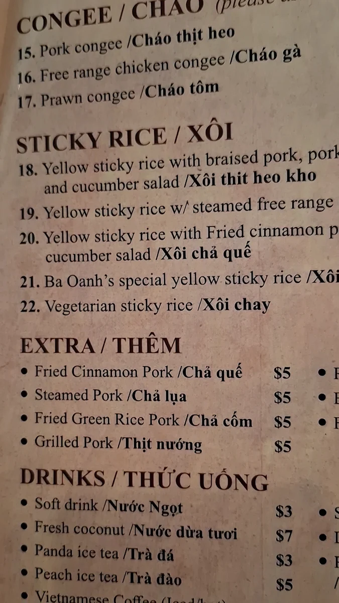 Menu, Banh Cuon Ba Oanh The Original Store Marrickville