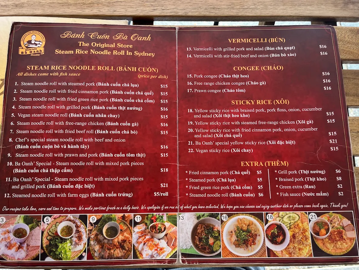 Menu, Banh Cuon Ba Oanh The Original Store Marrickville