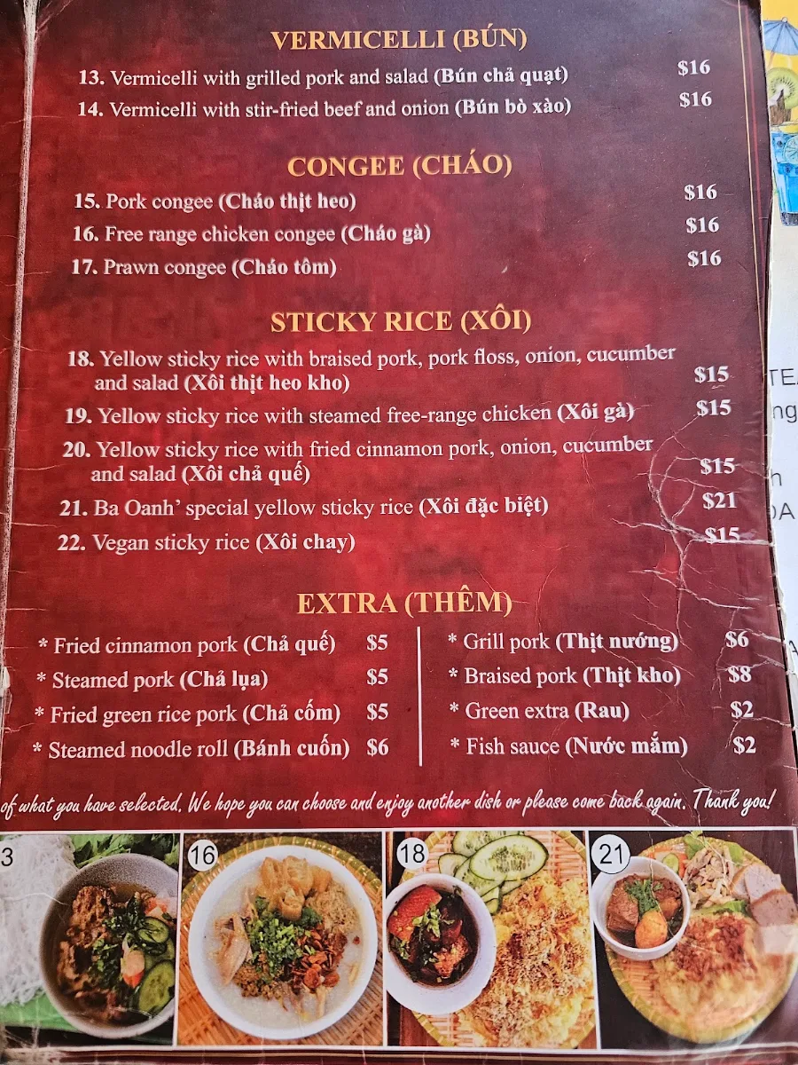Menu, Banh Cuon Ba Oanh The Original Store Marrickville